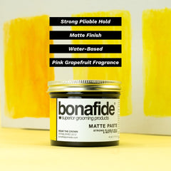 Bona Fide Pomade matte-paste-jar-closeup highlights natural clays and oils for pliable hold.