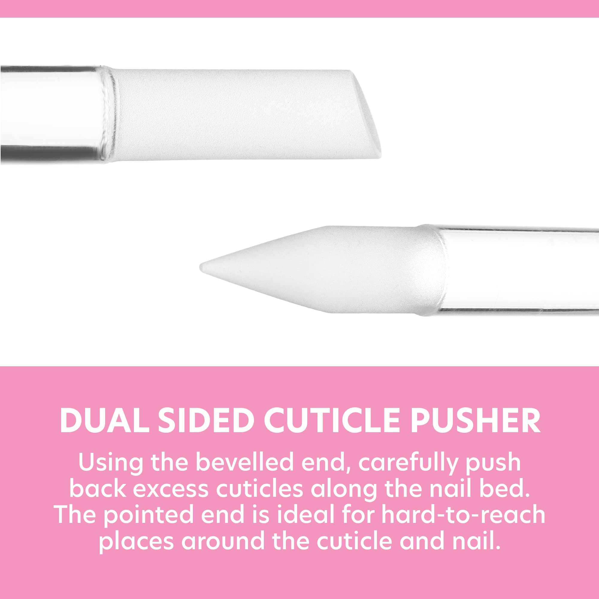 Bona Fide Beauty glass cuticle pusher pointed tip cleans under nails with ease.