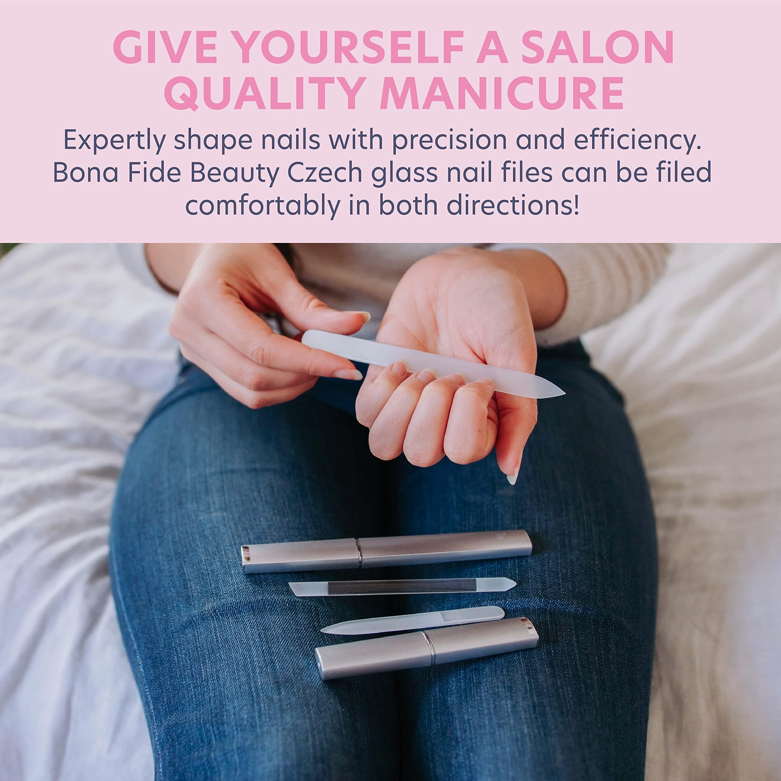 Bona Fide Beauty medium glass file in silver for comfortable nail shaping.