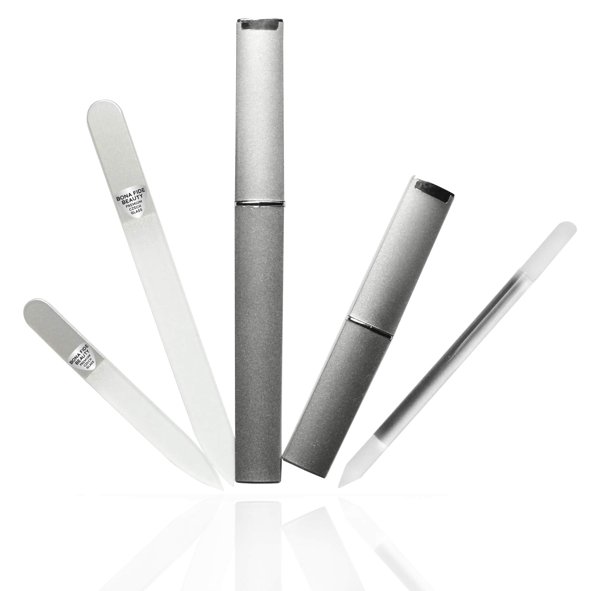 Bona Fide Beauty regular pointed glass nail file in silver for precise shaping.