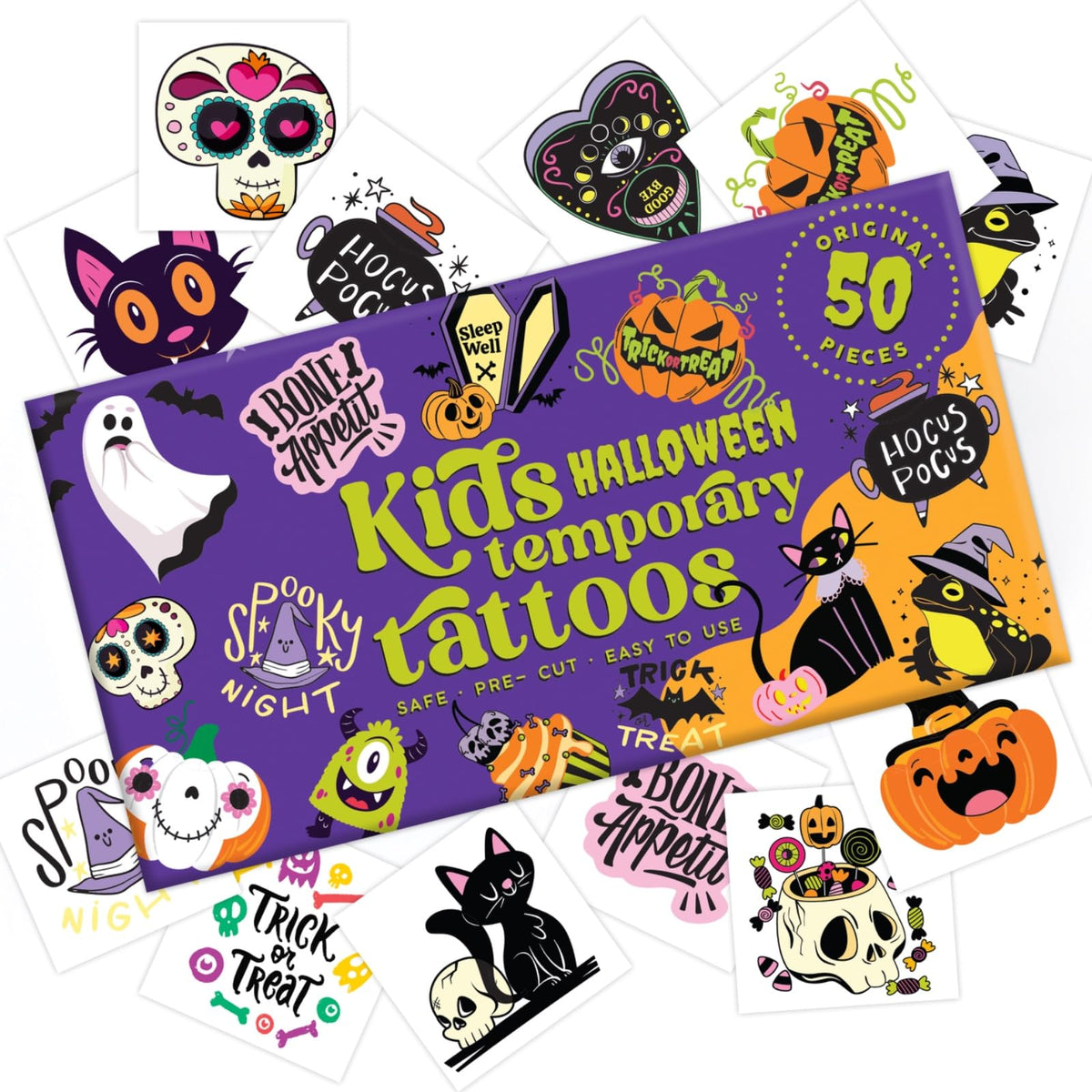 Bonbaloo Halloween tattoos on 50 pre-cut sheets provide vibrant, mess-free kid-friendly designs.