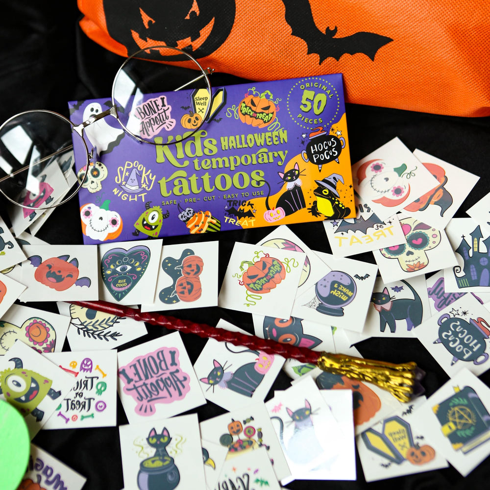 Bonbaloo Halloween tattoos include hypoallergenic cosmetic-grade ink for safe use.