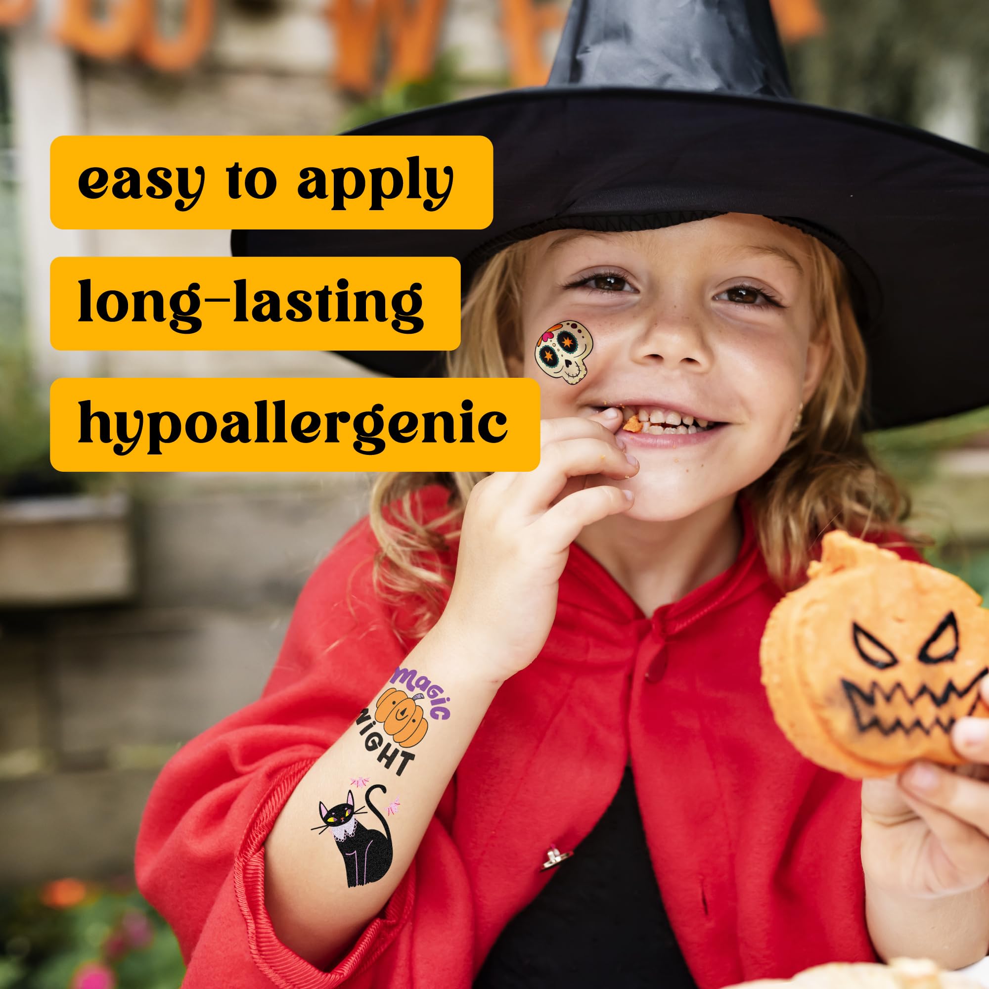 Bonbaloo Halloween tattoos remain waterproof through hand-washing and costumes for days.
