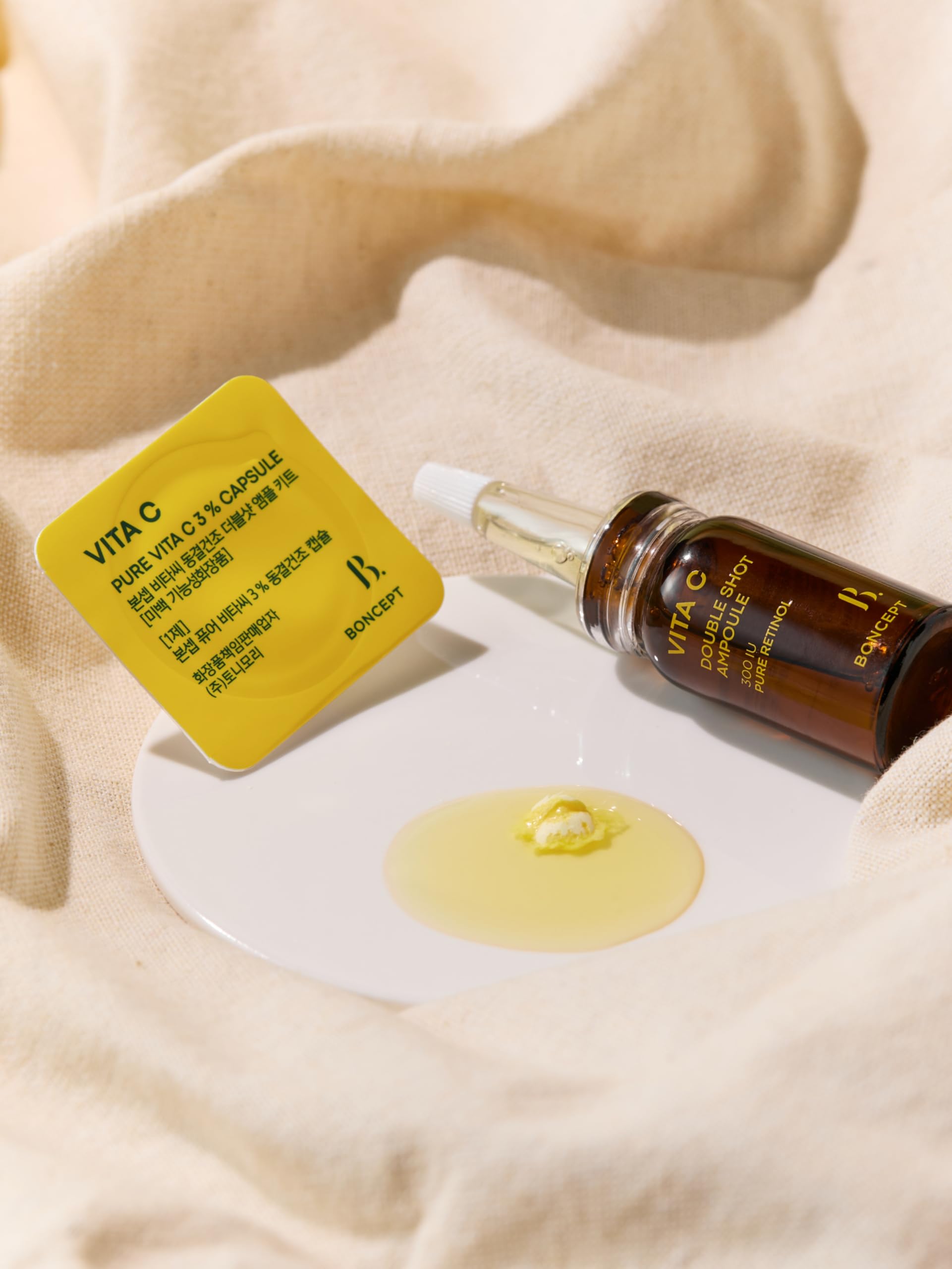 BONCEPT Vita C serum texture being poured to illustrate smooth, non-sticky hydration.