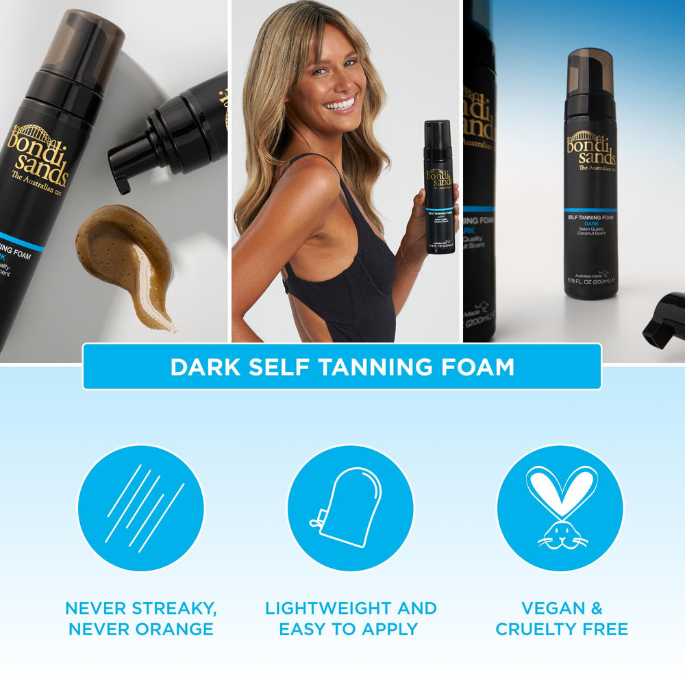Bondi Sands Dark Self Tanning Foam color swatch demonstrates shade depth for bronzed results.
