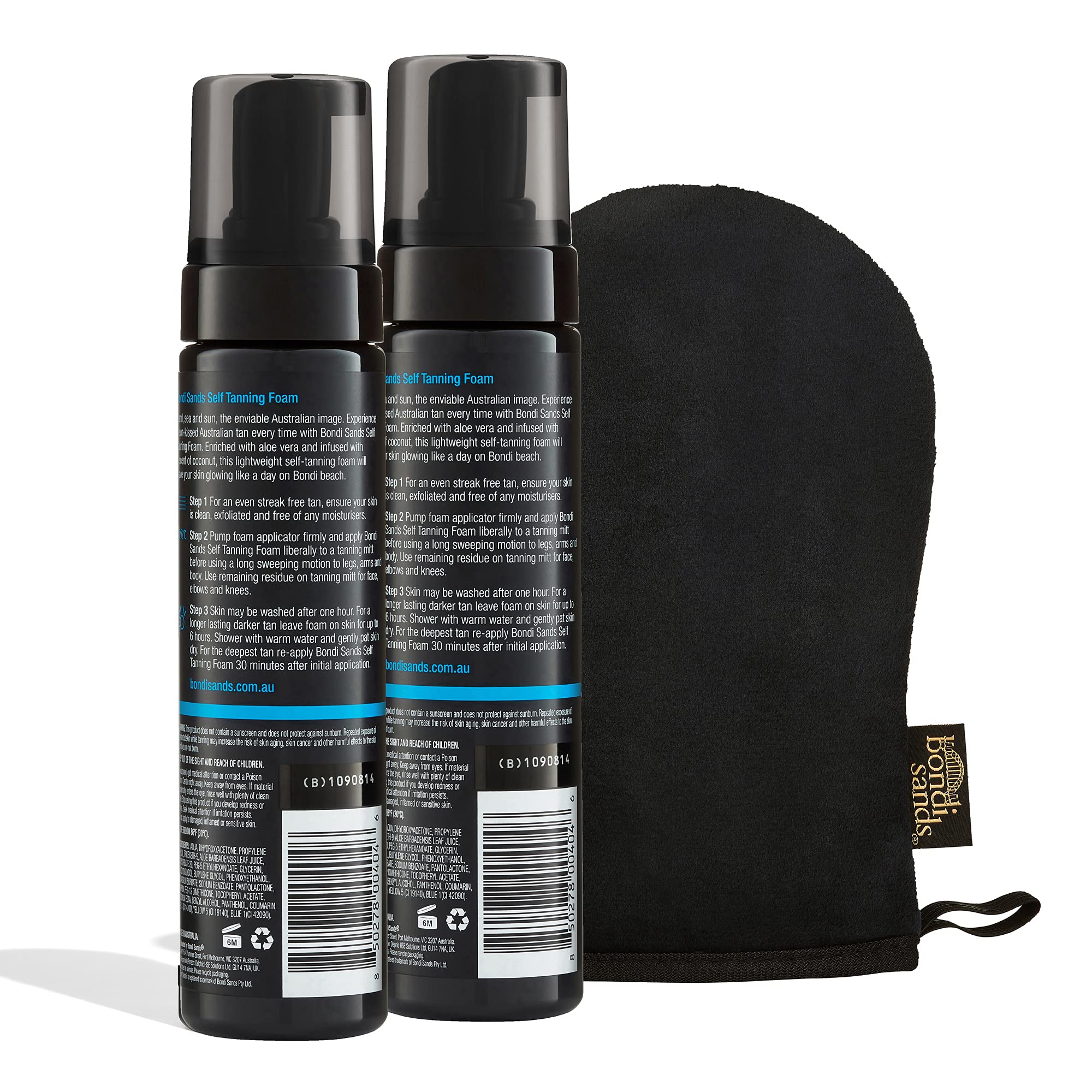 Bondi Sands double-sided application mitt demonstrates streak-free application with comfortable, reusable design.
