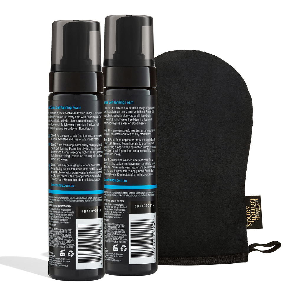 Bondi Sands double-sided application mitt demonstrates streak-free application with comfortable, reusable design.
