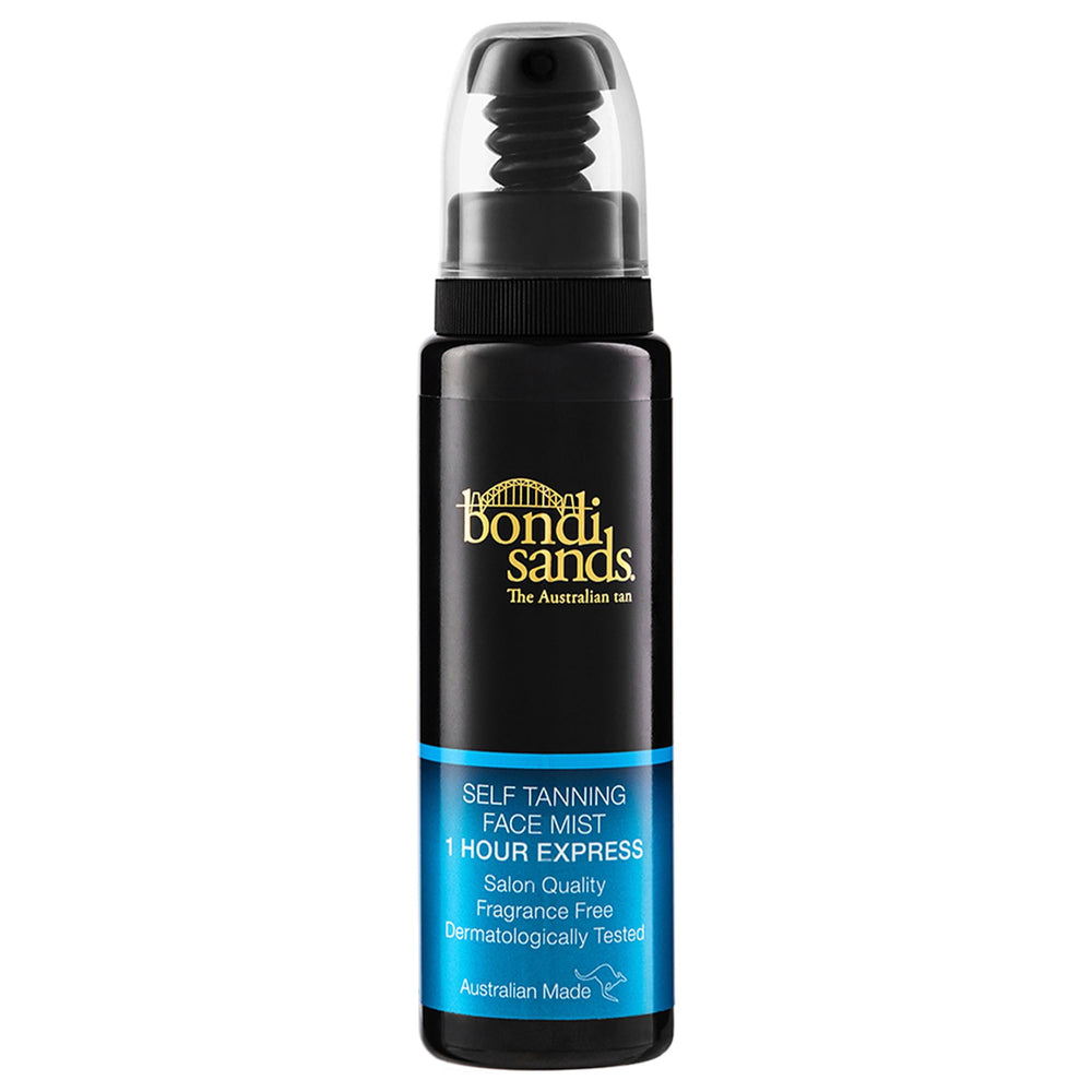 Bondi Sands face mist bottle closeup for quick, even-toned results.