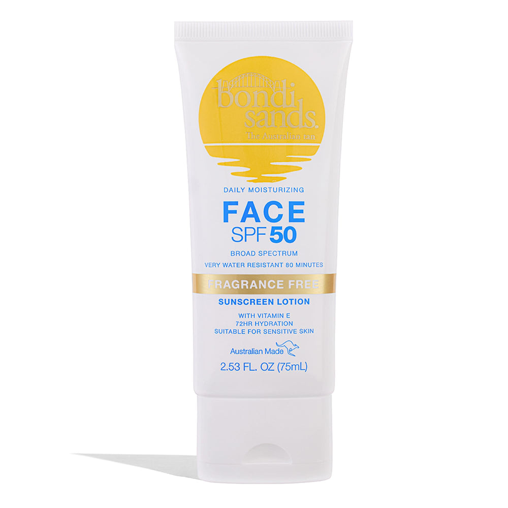 Bondi Sands fragrance-free daily face lotion SPF 50 bottle-front shows non-greasy finish