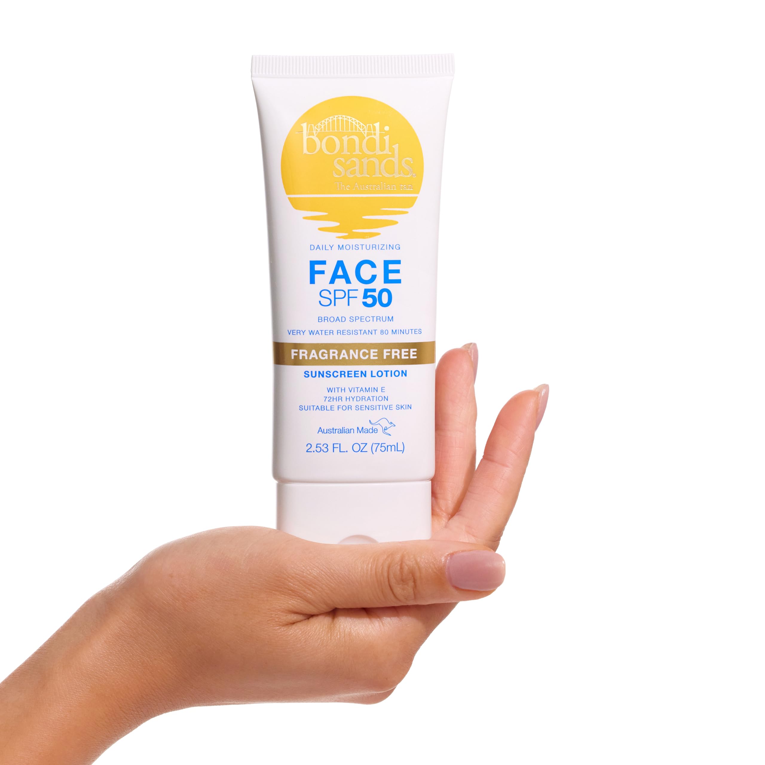 Bondi Sands fragrance-free daily face lotion SPF 50 applied under makeup for seamless routine