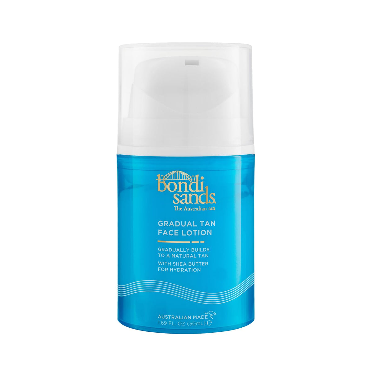 Bondi Sands Gradual Tanning Face Lotion bottle demonstrates portable hydration for a natural glow.