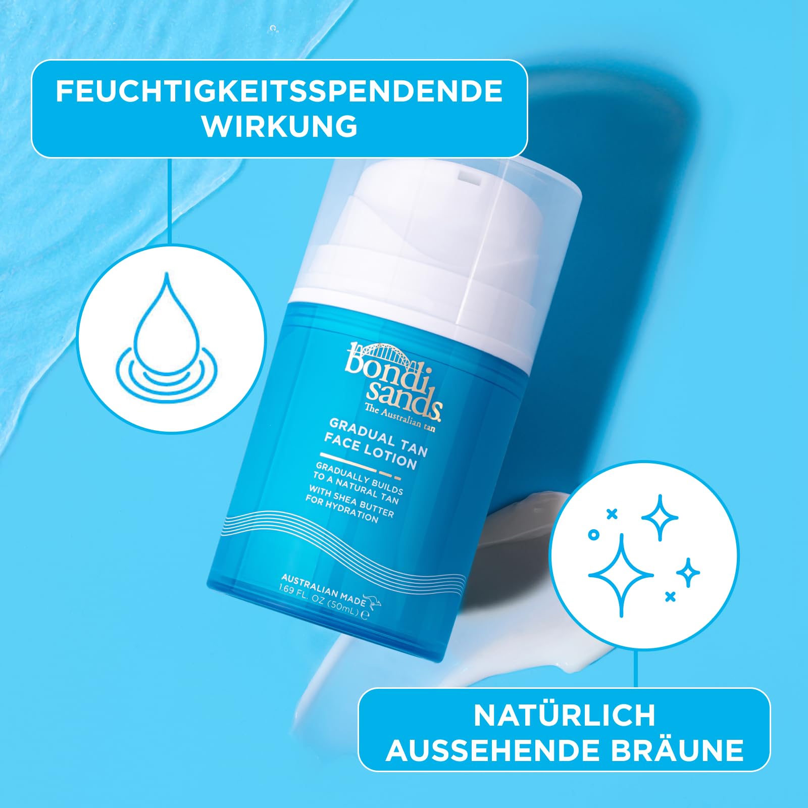 Bondi Sands Hydration closeup emphasizes Shea Butter hydration for refreshed, comfortable skin.