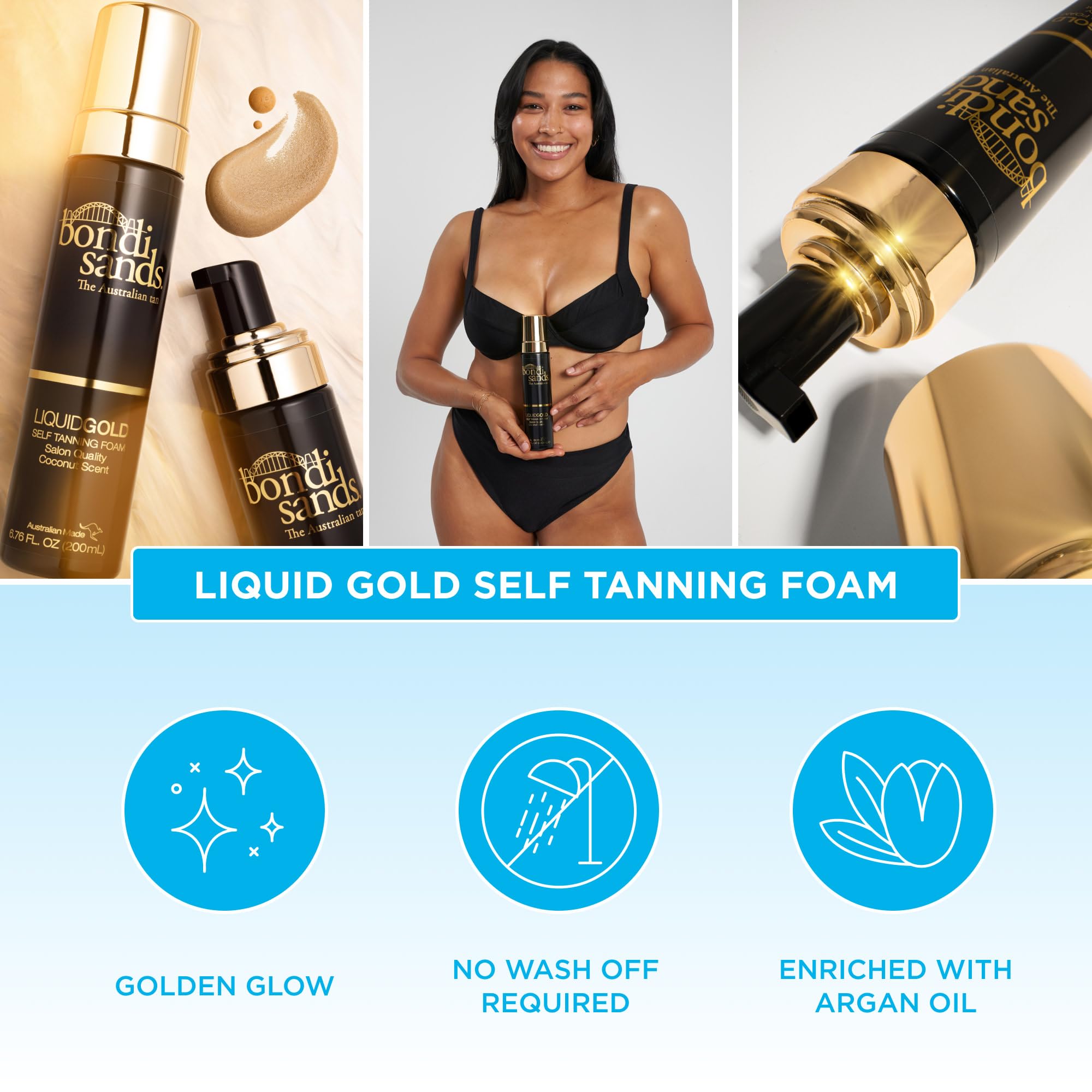 Bondi Sands Liquid Gold quick-dry foam drying in seconds