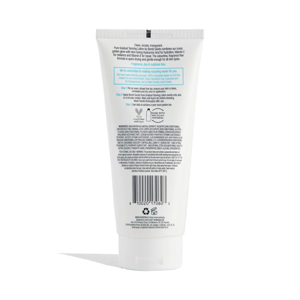 Bondi Sands PURE lotion application steps image demonstrates easy, streak-free application.