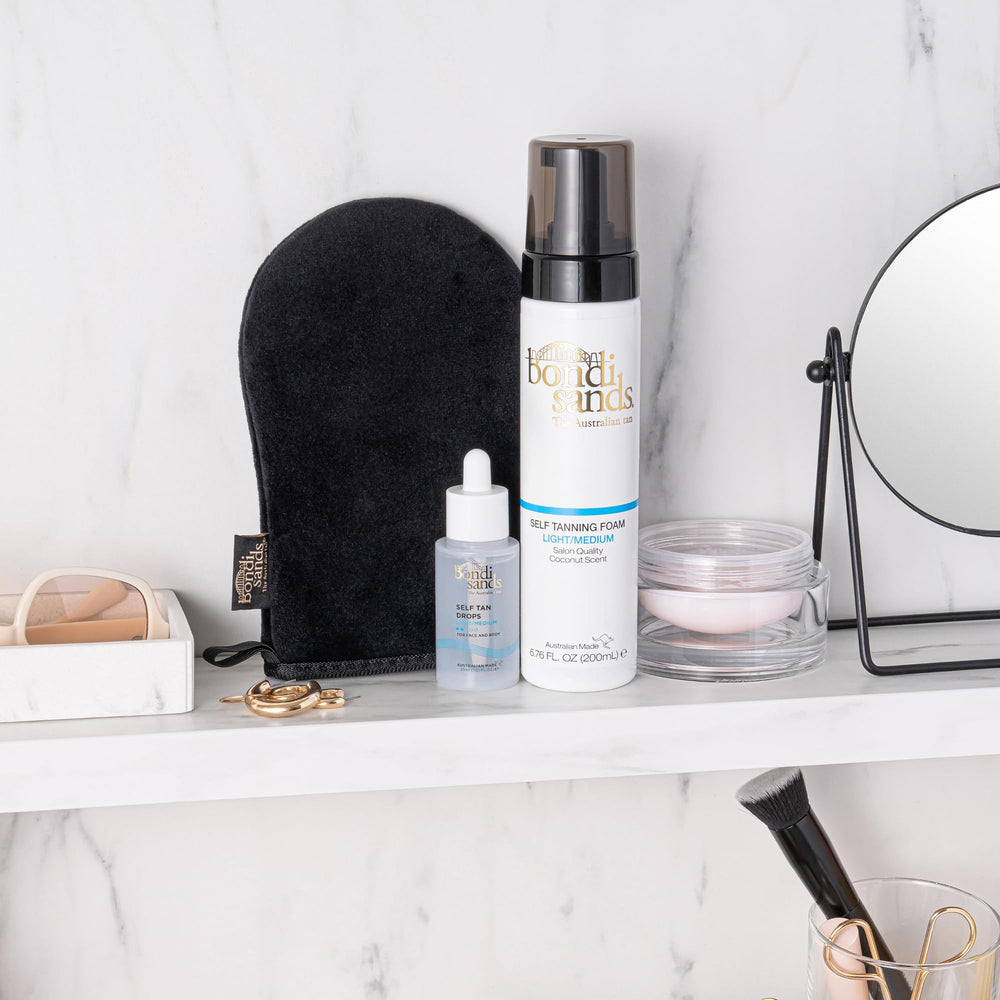 Body-application highlights smooth, natural bronze tone and seamless blend.