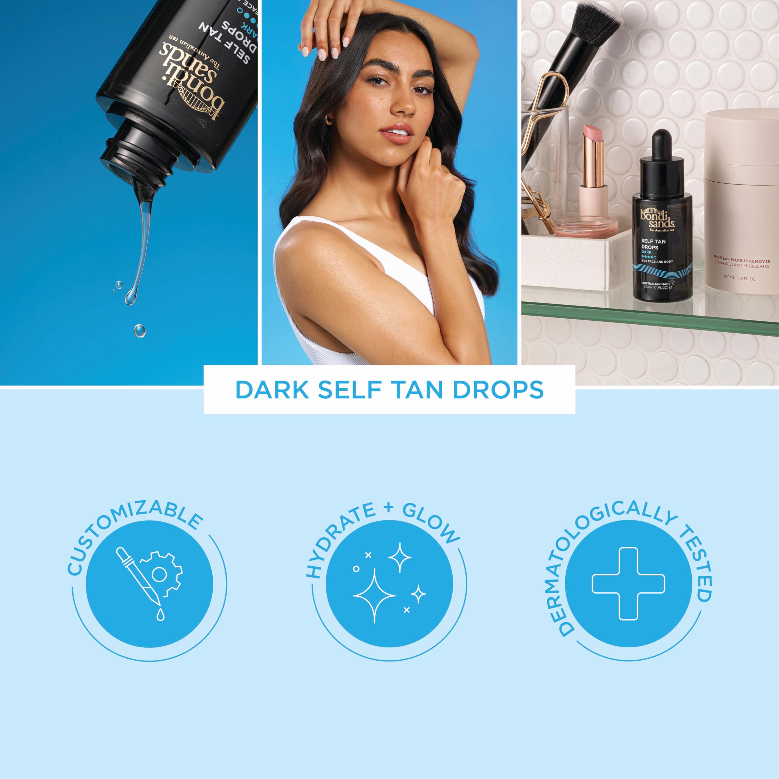 Body application using drops for an even body tone.