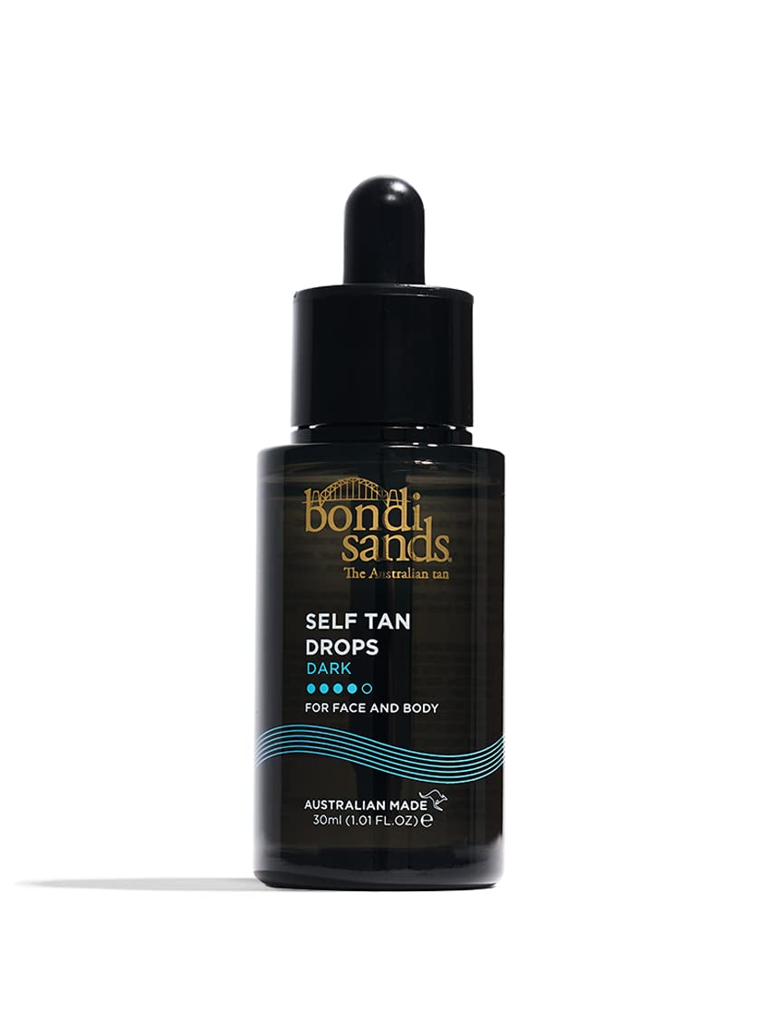 Bondi Sands Self Tan Drops dark bottle on counter for a customizable glow.