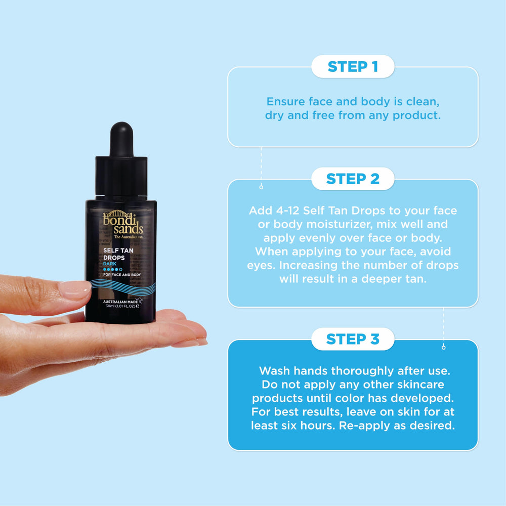 Gently mix Bondi Sands Drops with moisturizer to create a custom glow.