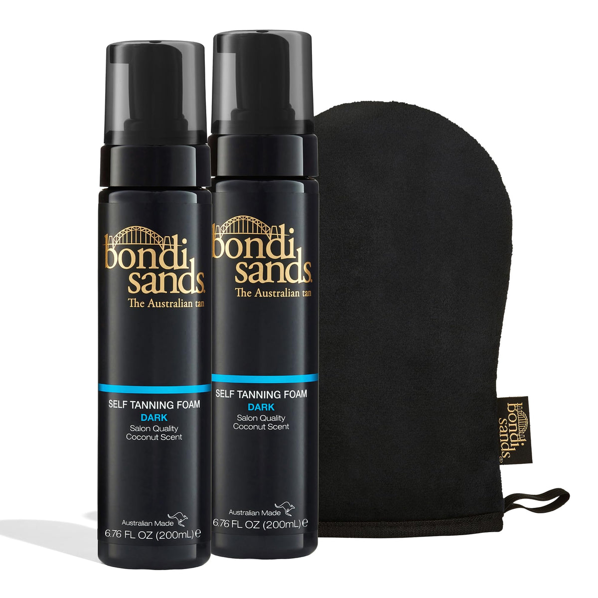 Bondi Sands self tanning foam duo dark bottle showcases easy application for an even bronzed look.