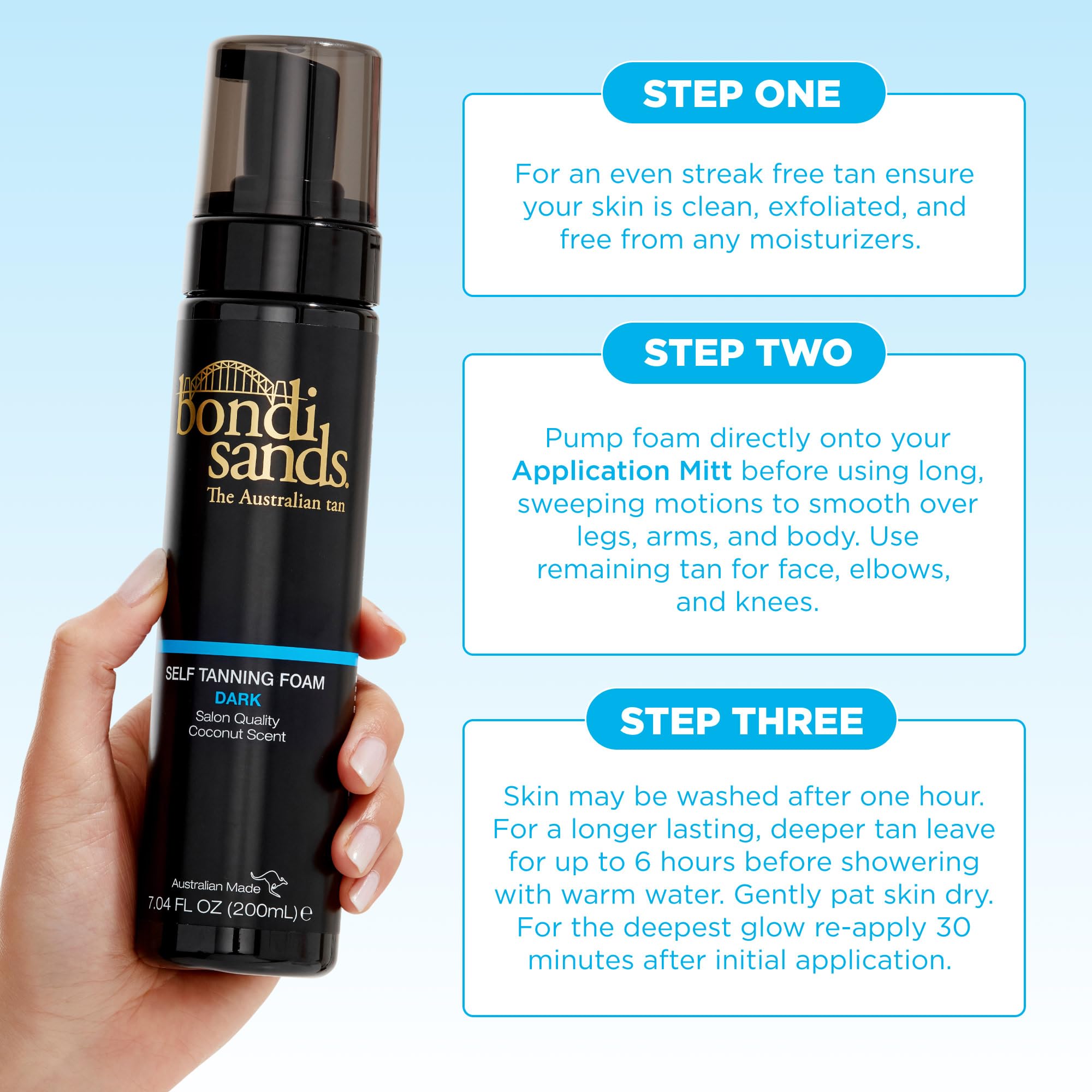Bondi Sands self-tanning foam forearm swatch illustrates natural-looking tan depth.
