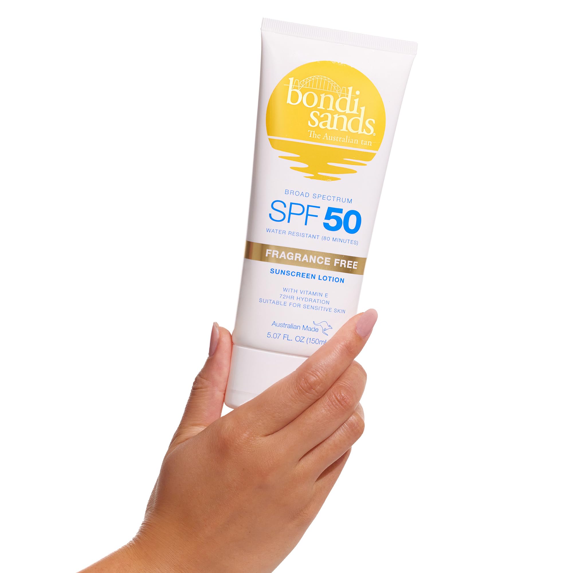 Bondi Sands fragrance-free sunscreen lotion in its stylish bottle.