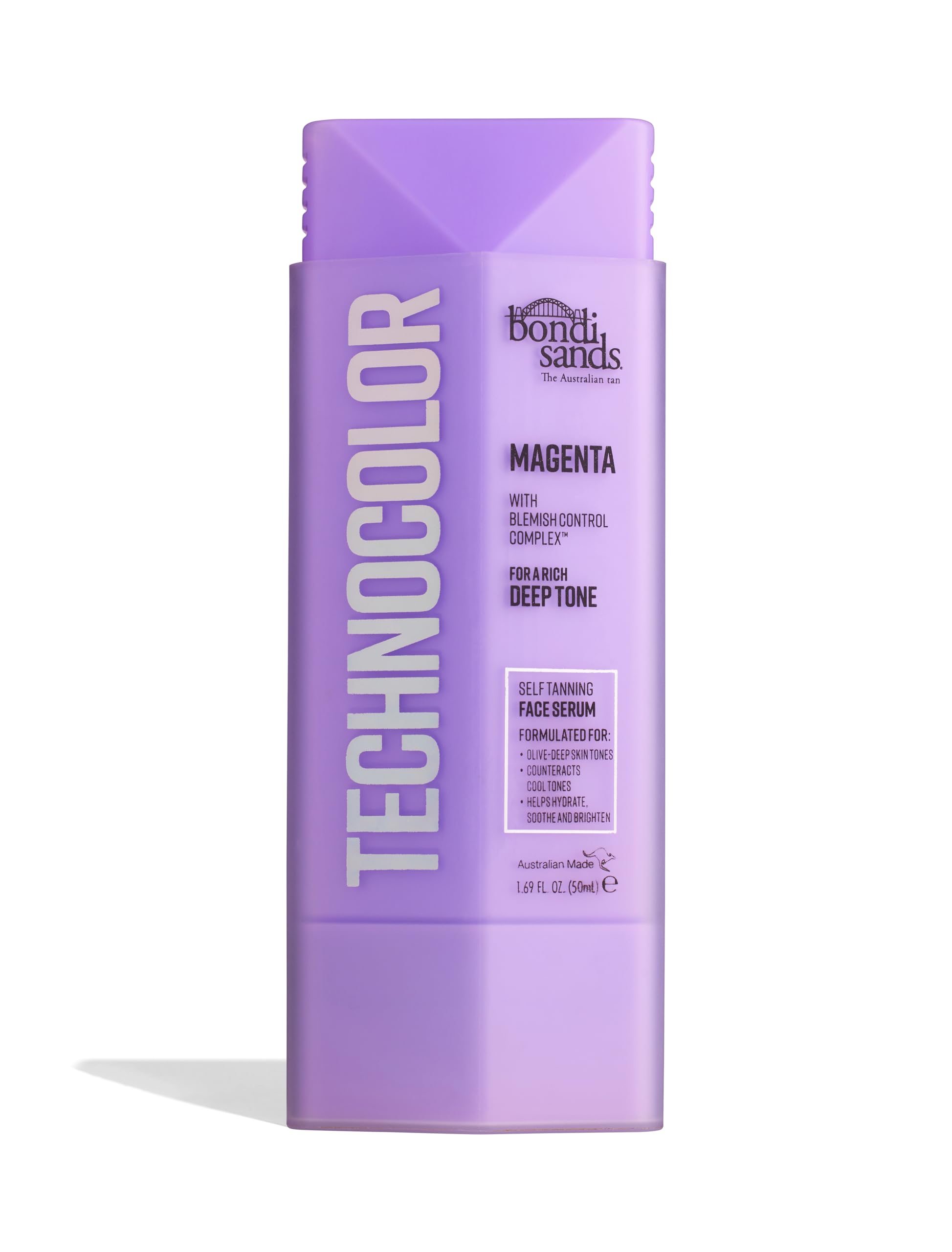 Bondi Sands Technocolor Face Serum bottle closeup showing silky hydration and glow potential