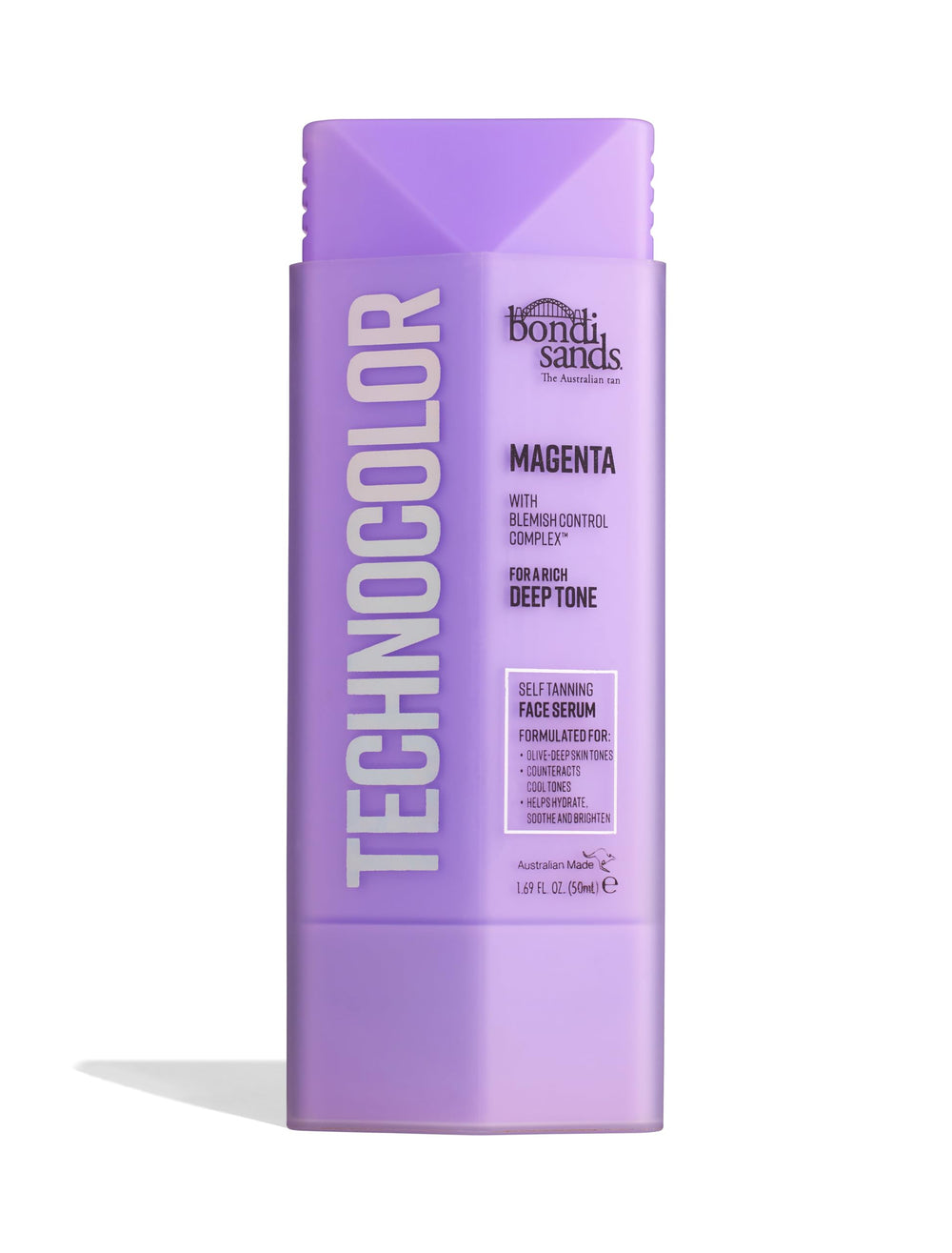 Bondi Sands Technocolor Face Serum bottle closeup showing silky hydration and glow potential