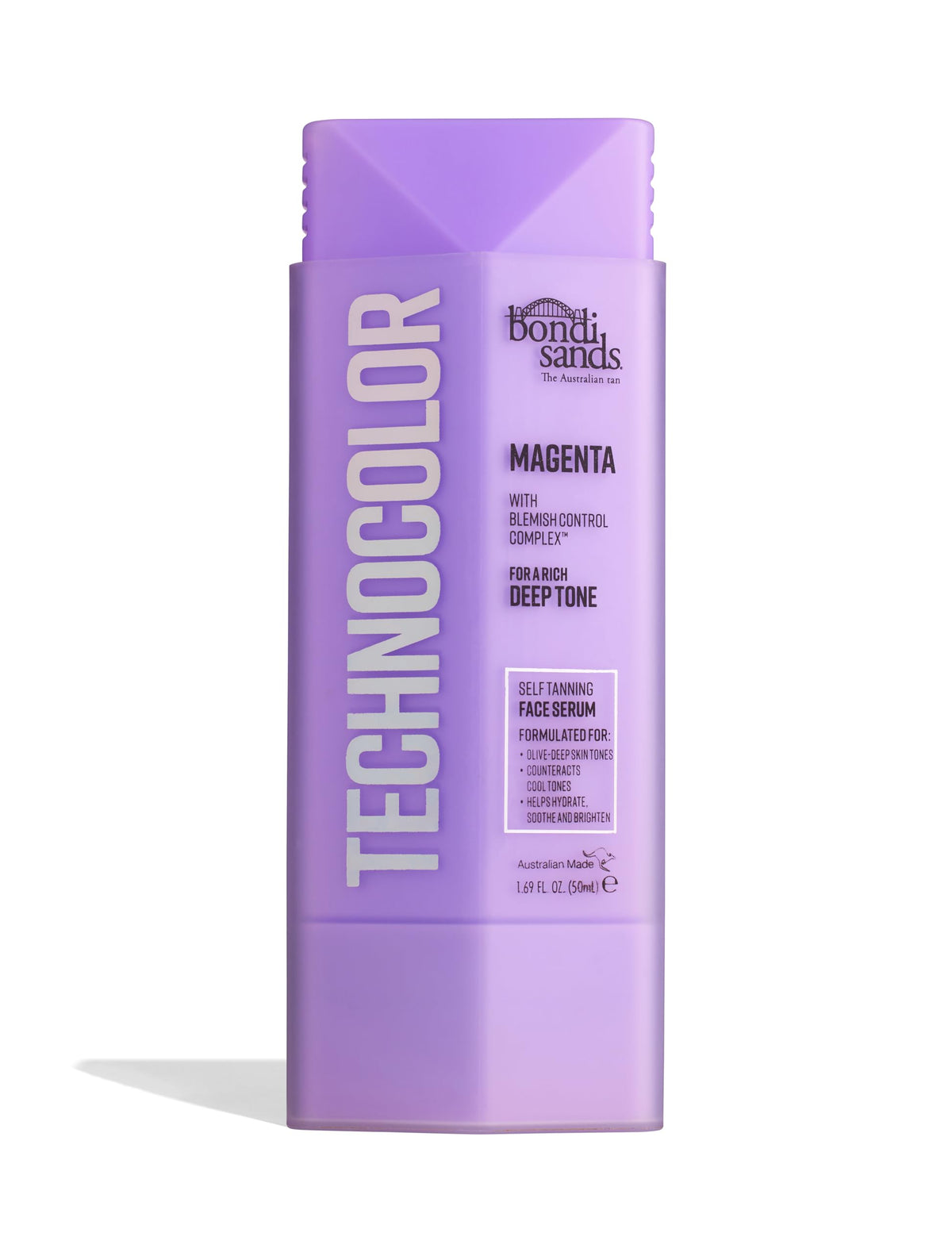 Bondi Sands Technocolor Face Serum bottle closeup showing silky hydration and glow potential