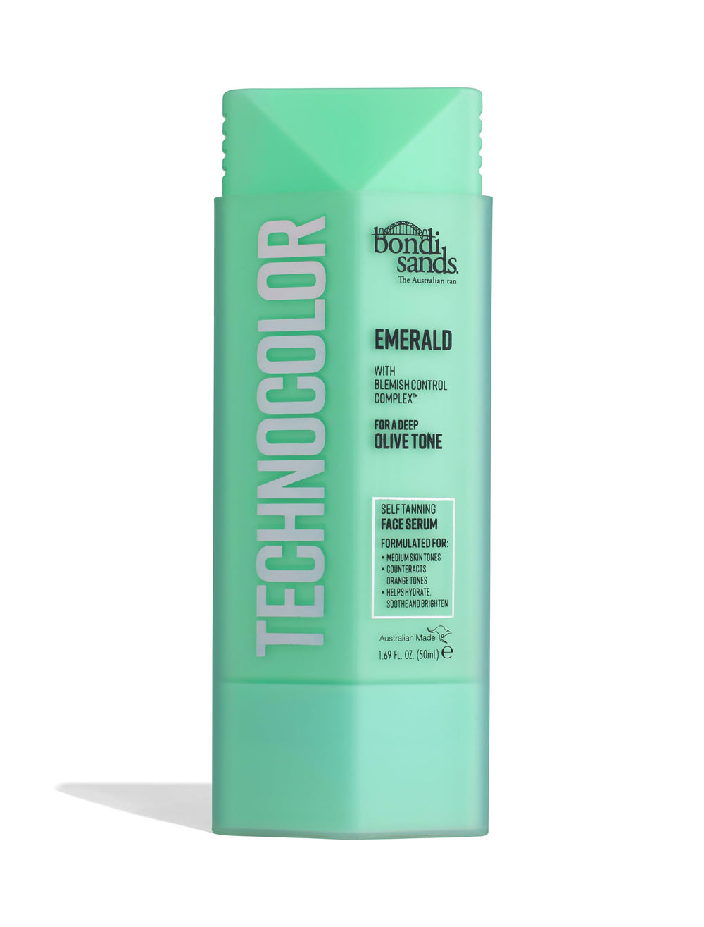 Bondi Sands Technocolor Face Serum bottle close-up showing fragrance-free hydration.