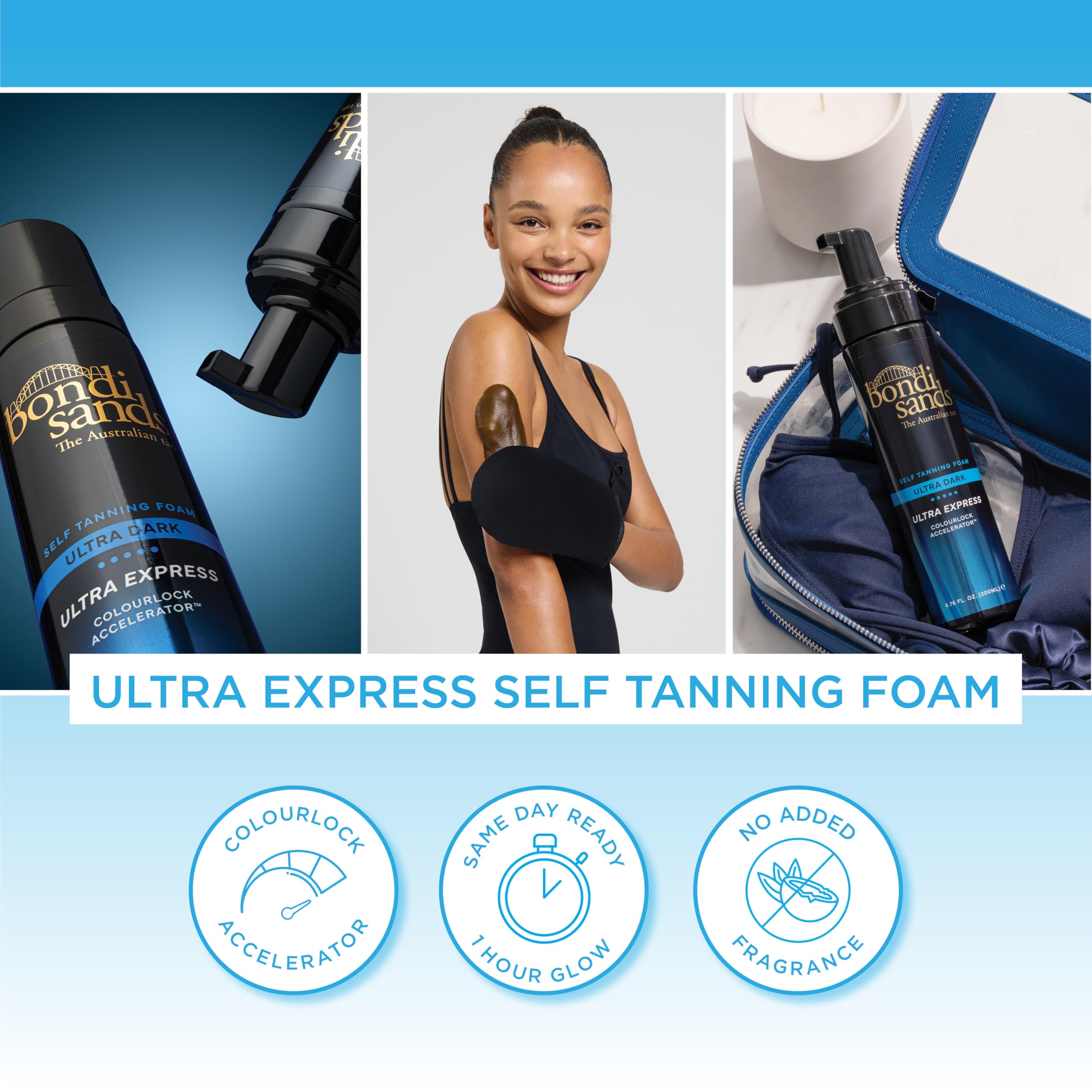 Bondi Sands Ultra Express Self Tanning Foam swatches reveal warm tan shade depth