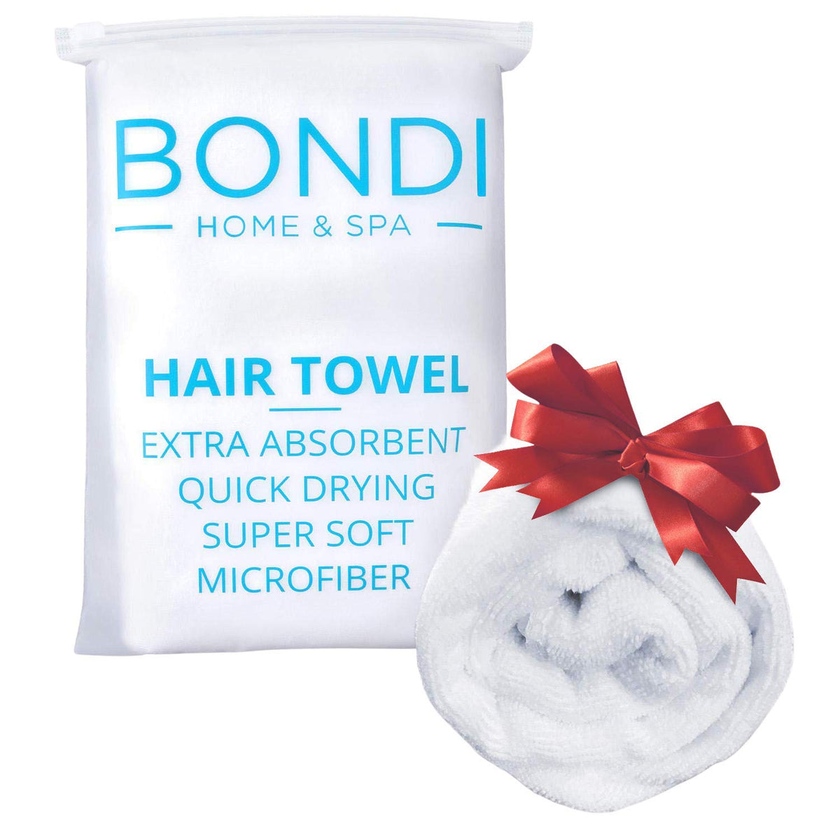 Bondi Spa microfiber hair towel close-up shows ultra-soft fabric for quick drying.