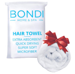 Bondi Spa microfiber hair towel close-up shows ultra-soft fabric for quick drying.