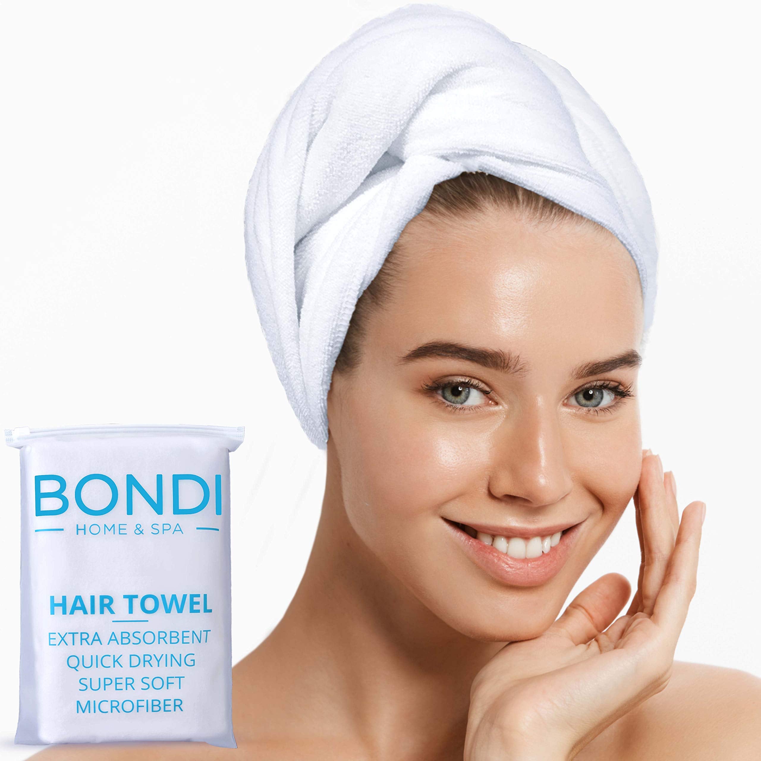 Bondi Spa microfiber close-up highlights anti-frizz and gentle on scalp.