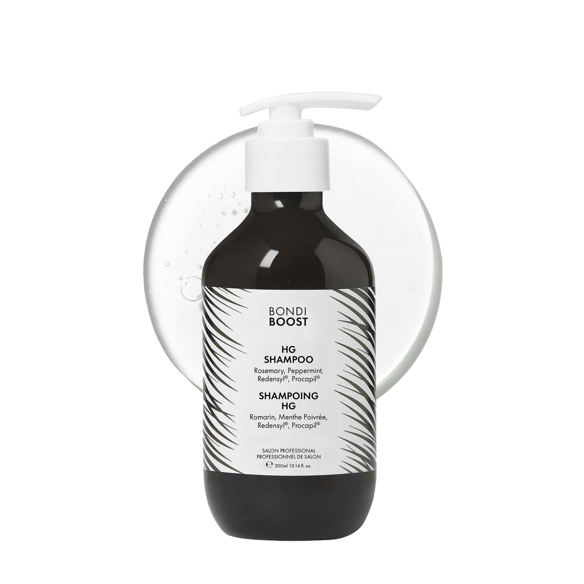 Bondiboost HG shampoo bottle front view; fuller-looking hair potential.