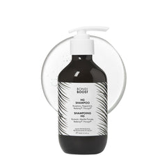 Bondiboost HG shampoo bottle front view; fuller-looking hair potential.