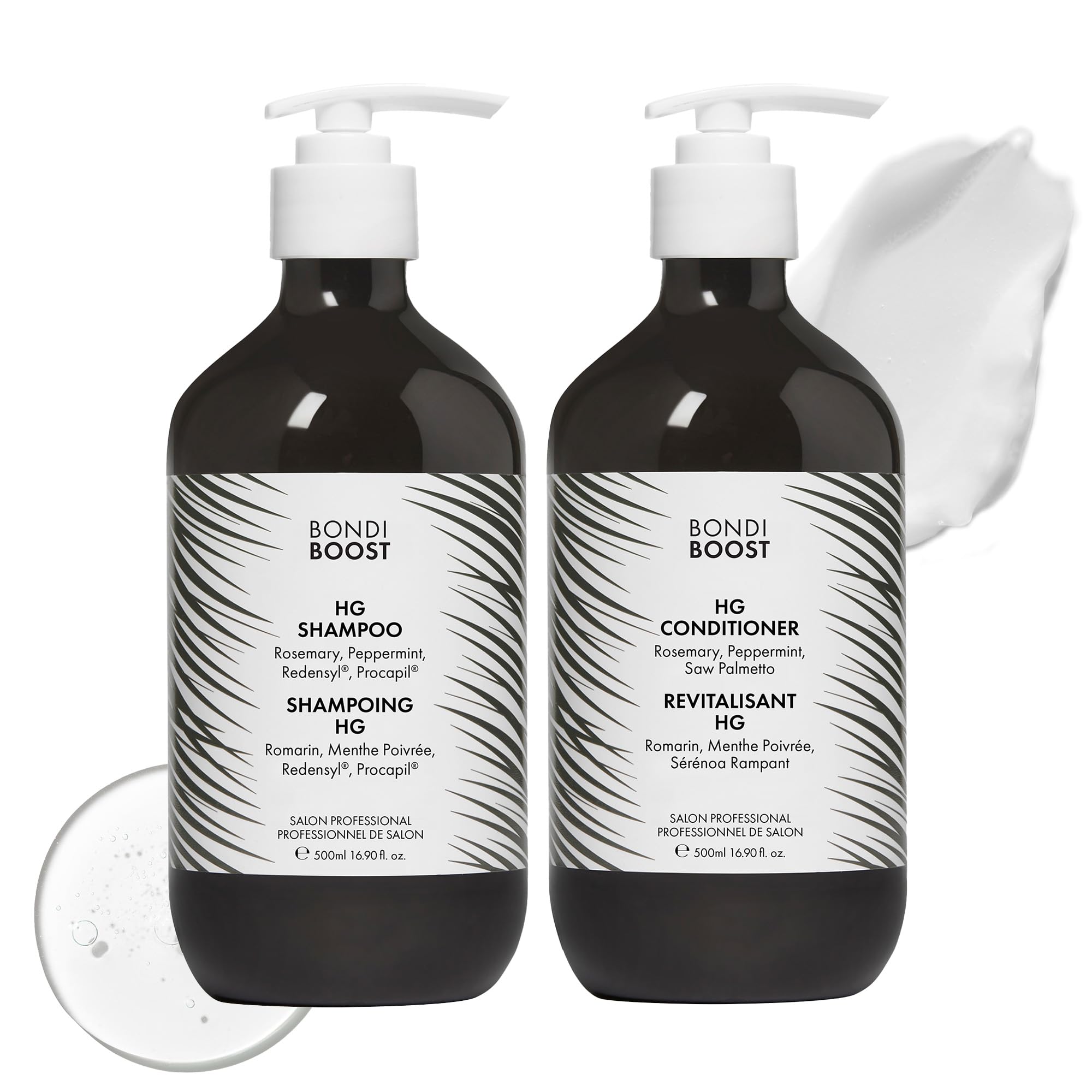 BondiBoost HG shampoo bottle front view promotes fuller-looking hair.