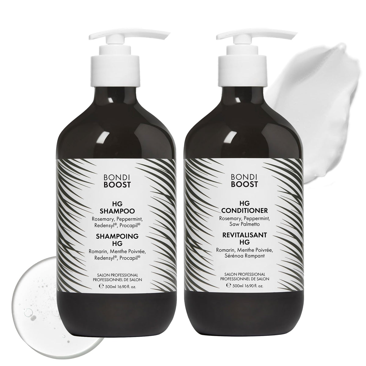 BondiBoost HG shampoo bottle front view promotes fuller-looking hair.