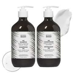 BondiBoost HG shampoo bottle front view promotes fuller-looking hair.