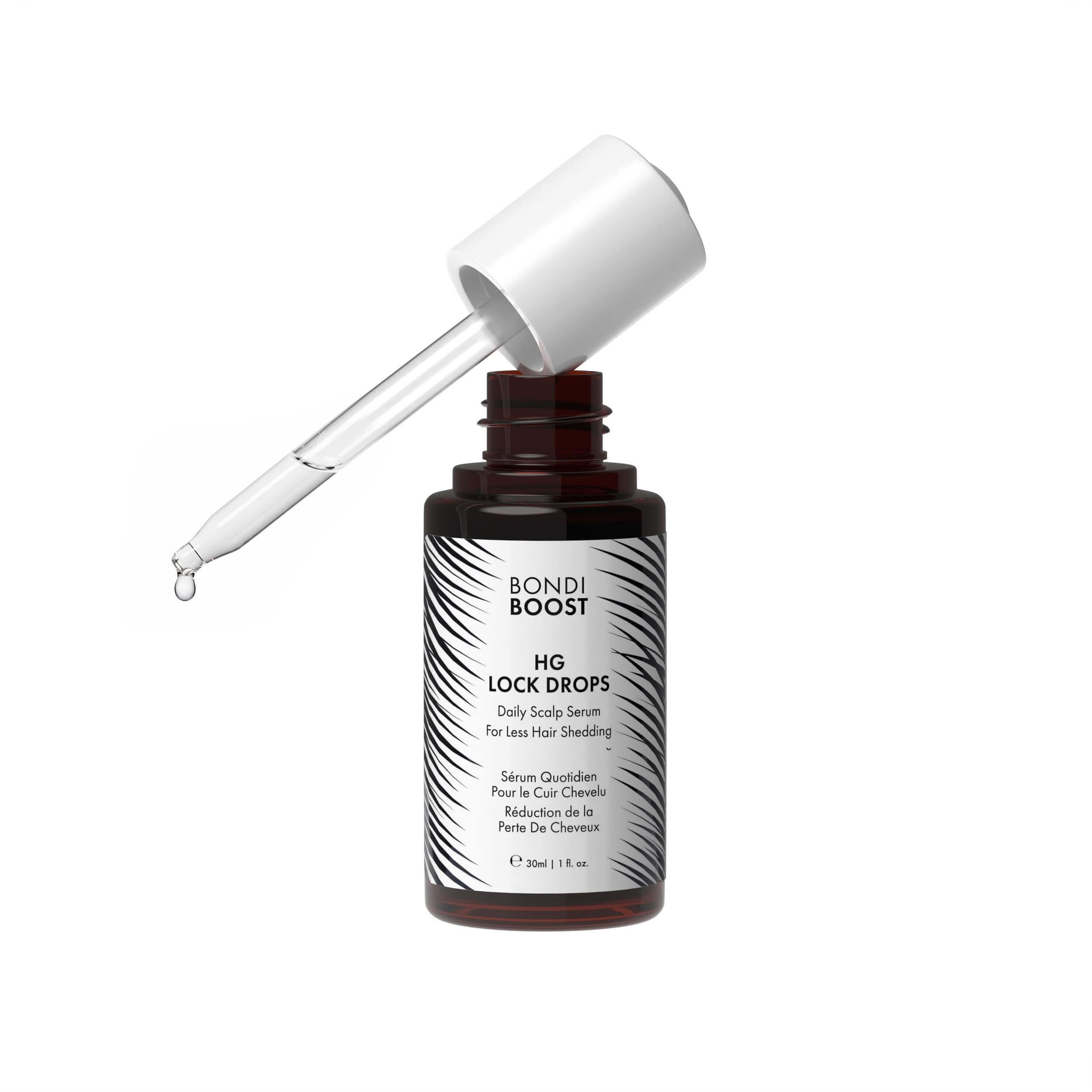 BondiBoost HG Lock Drops bottle closeup for a lightweight, non-greasy daily serum promoting fuller hair.