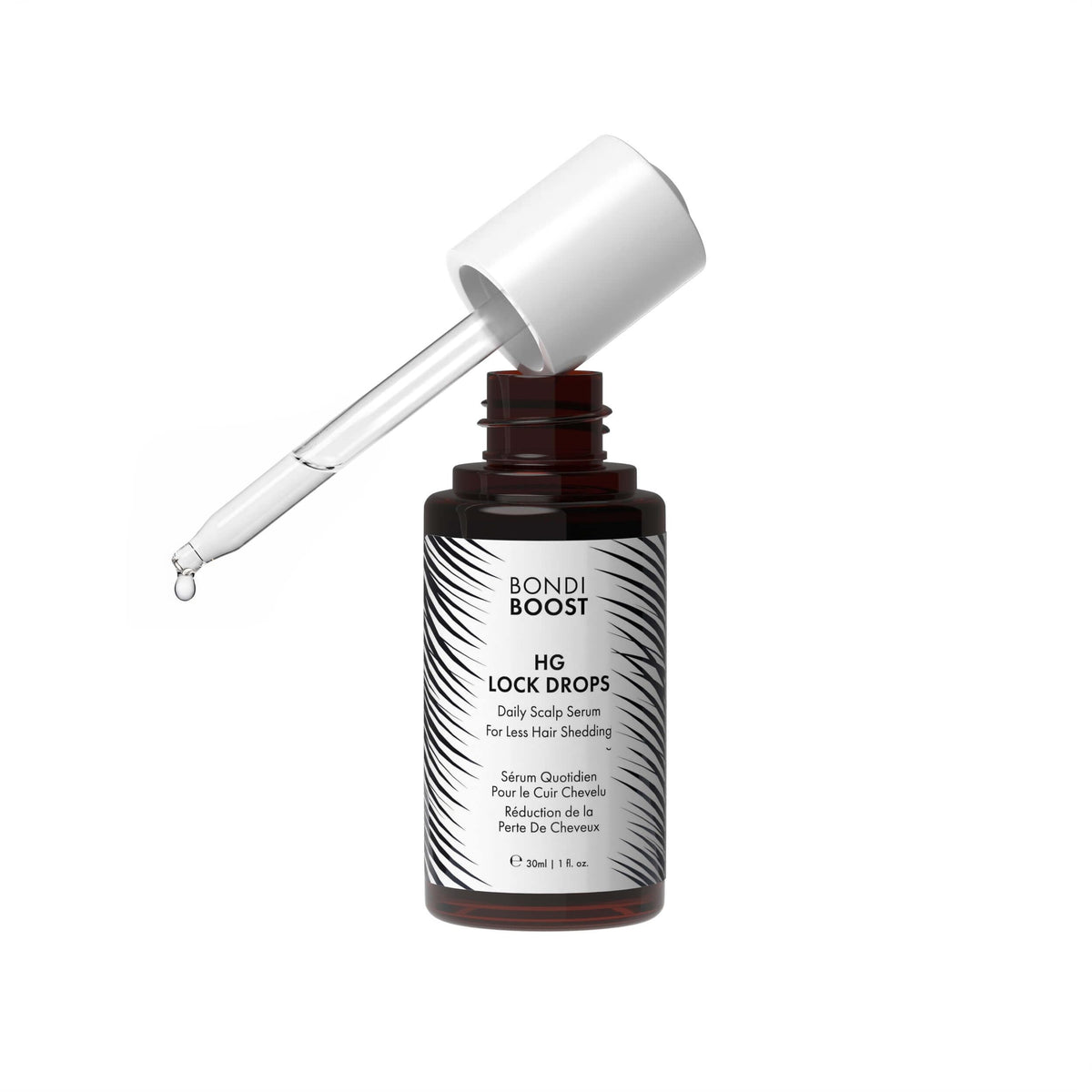 BondiBoost HG Lock Drops bottle closeup for a lightweight, non-greasy daily serum promoting fuller hair.