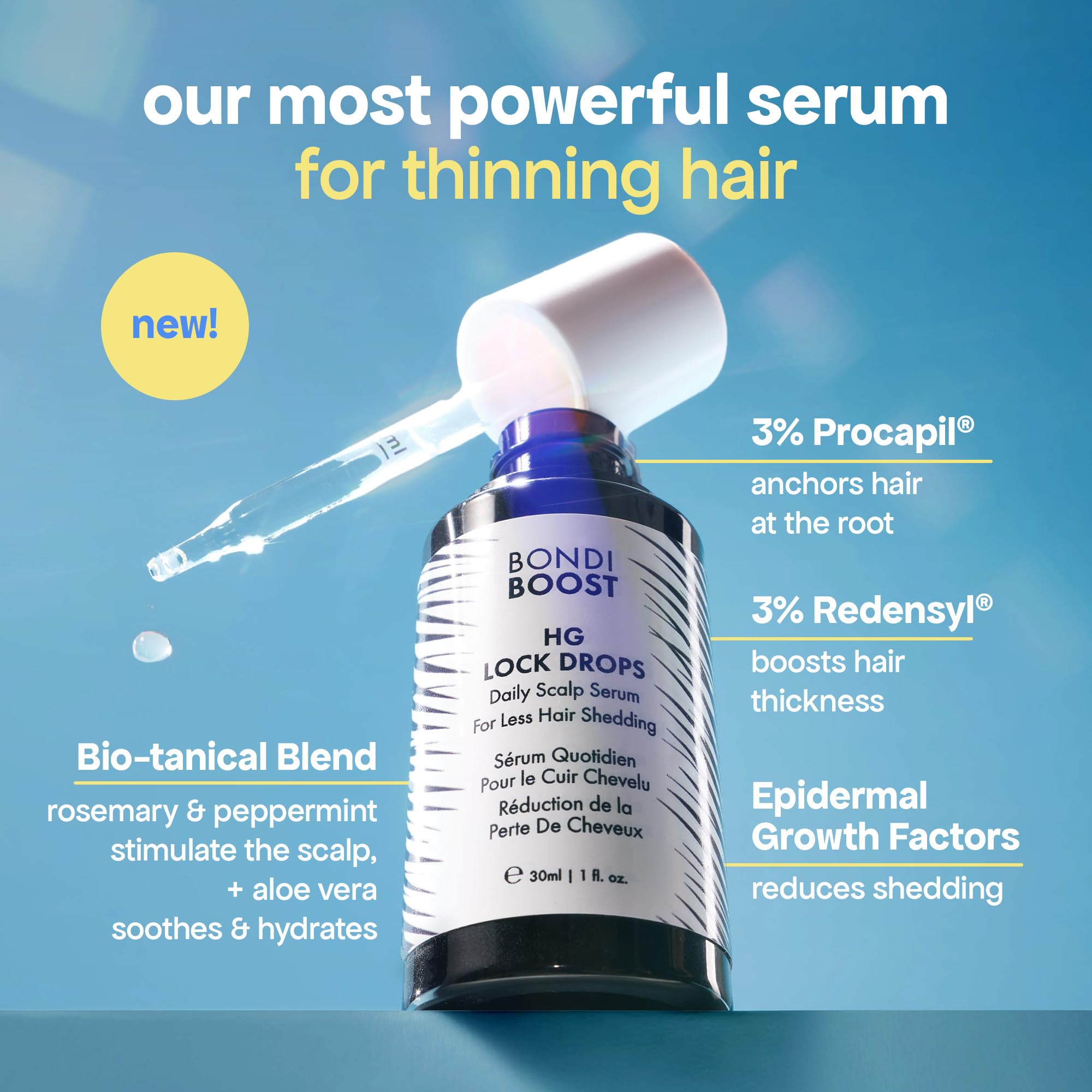 BondiBoost HG Lock Drops dropper pouring formula designed to stimulate scalp and reduce shedding.