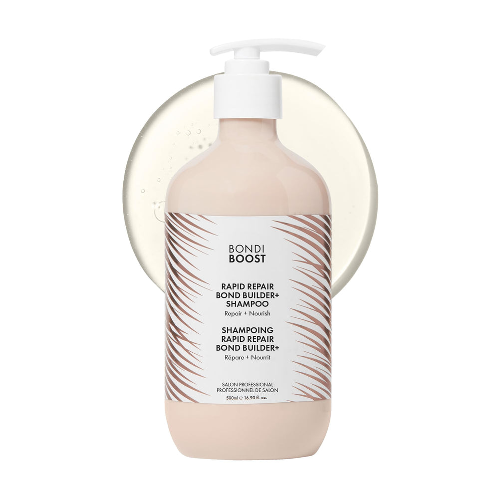 BondiBoost Rapid Repair Bond Builder bottle pours rich conditioning for damaged hair.