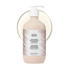 BondiBoost Rapid Repair Bond Builder bottle pours rich conditioning for damaged hair.