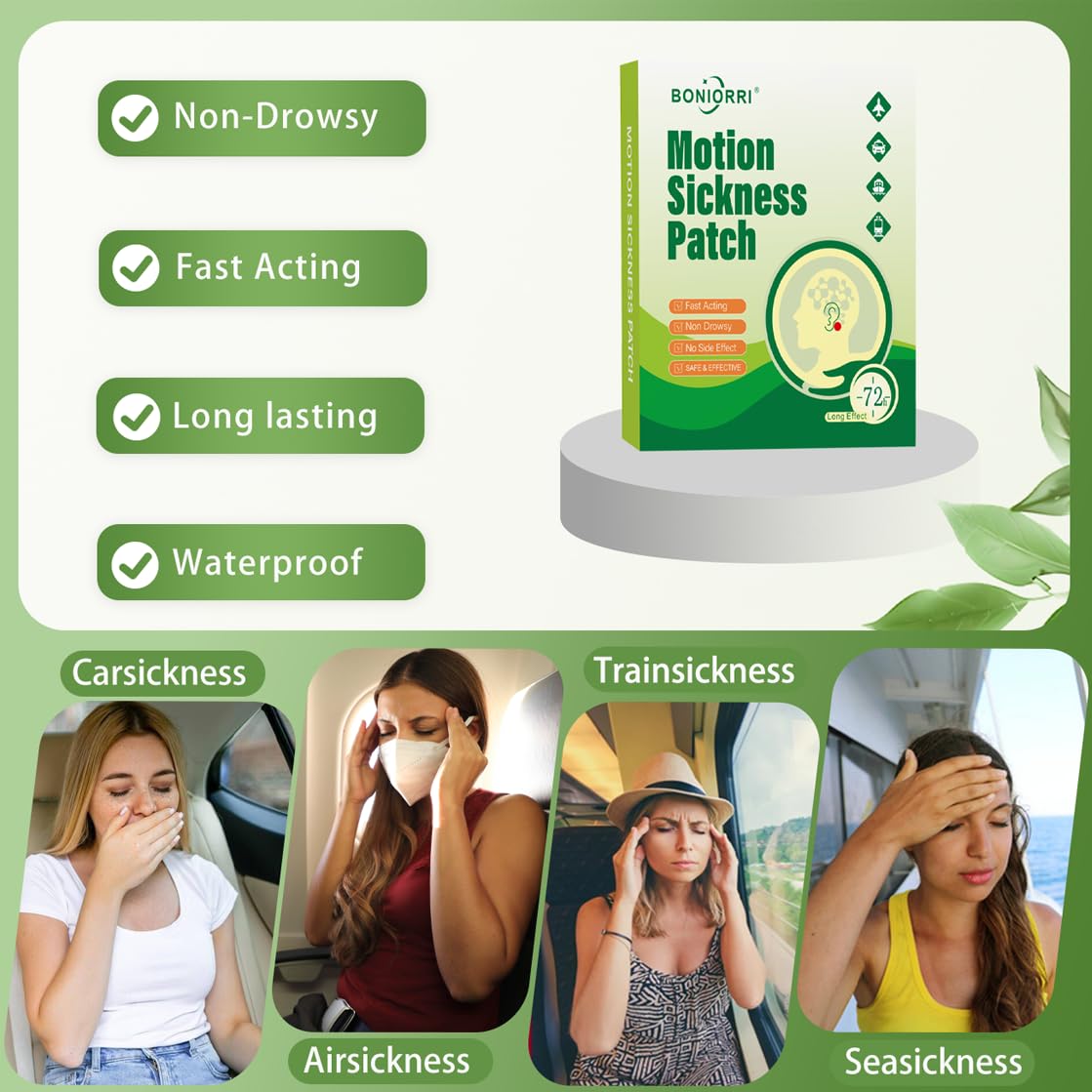 BONIORRI patch behind the ear sits discreetly for non-drowsy travel relief.