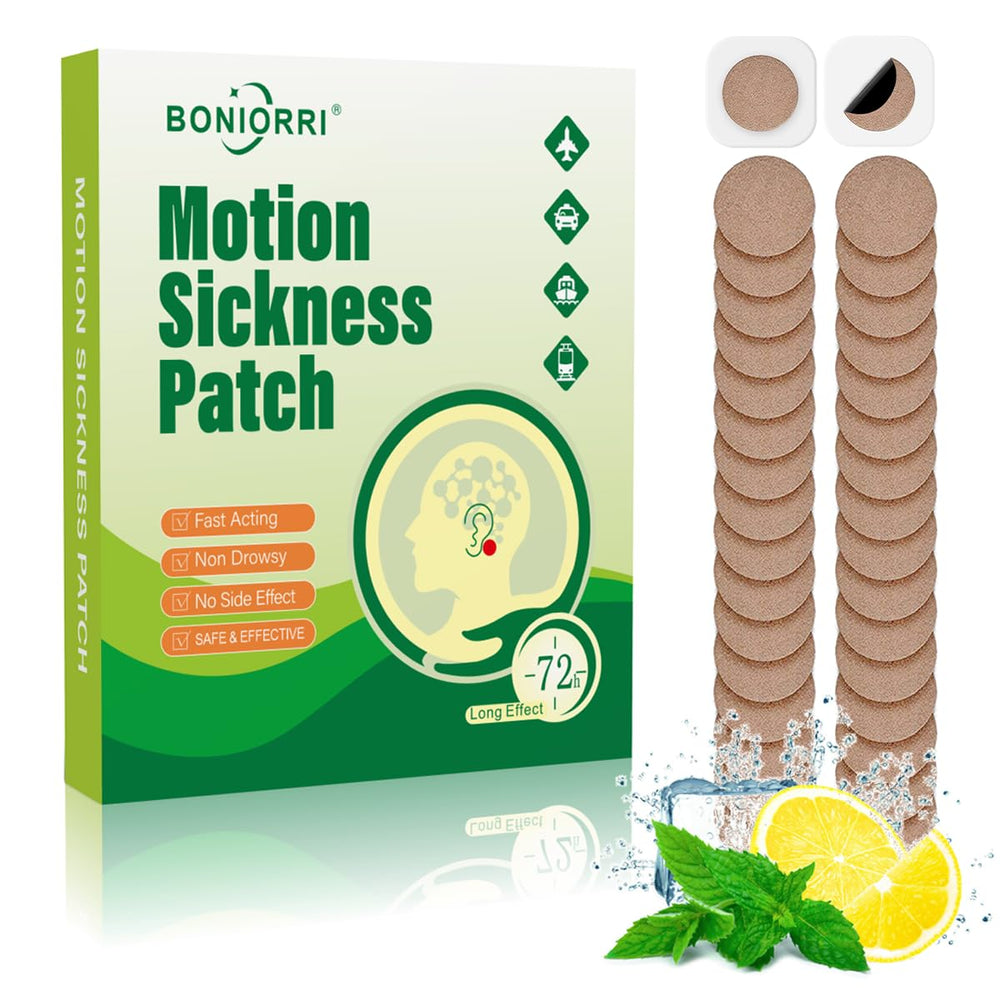 BONIORRI motion sickness patches packaging shows compact travel-ready design for quick use.