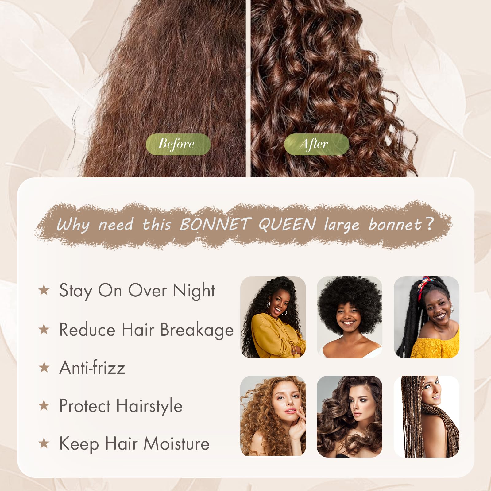 BONNET QUEEN satin bonnet breathable satin texture keeps hair hydrated overnight.