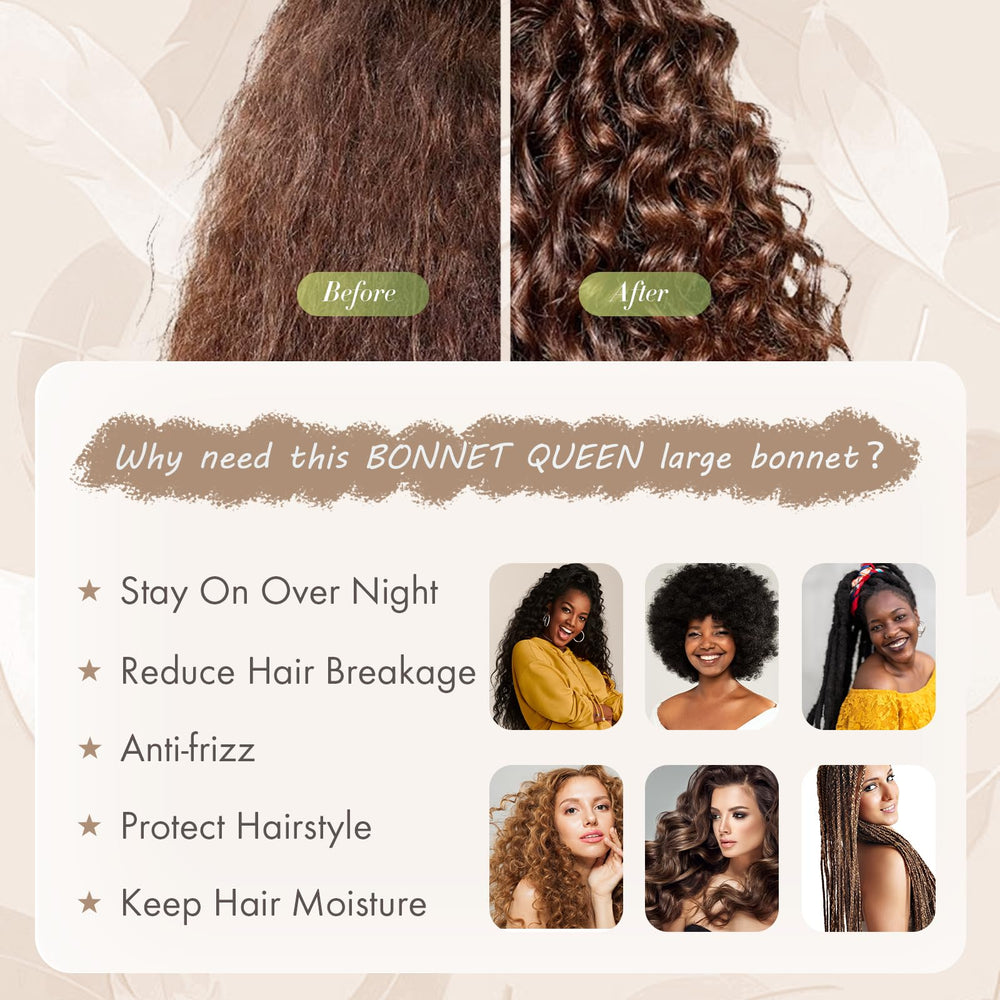 BONNET QUEEN satin bonnet breathable satin texture keeps hair hydrated overnight.