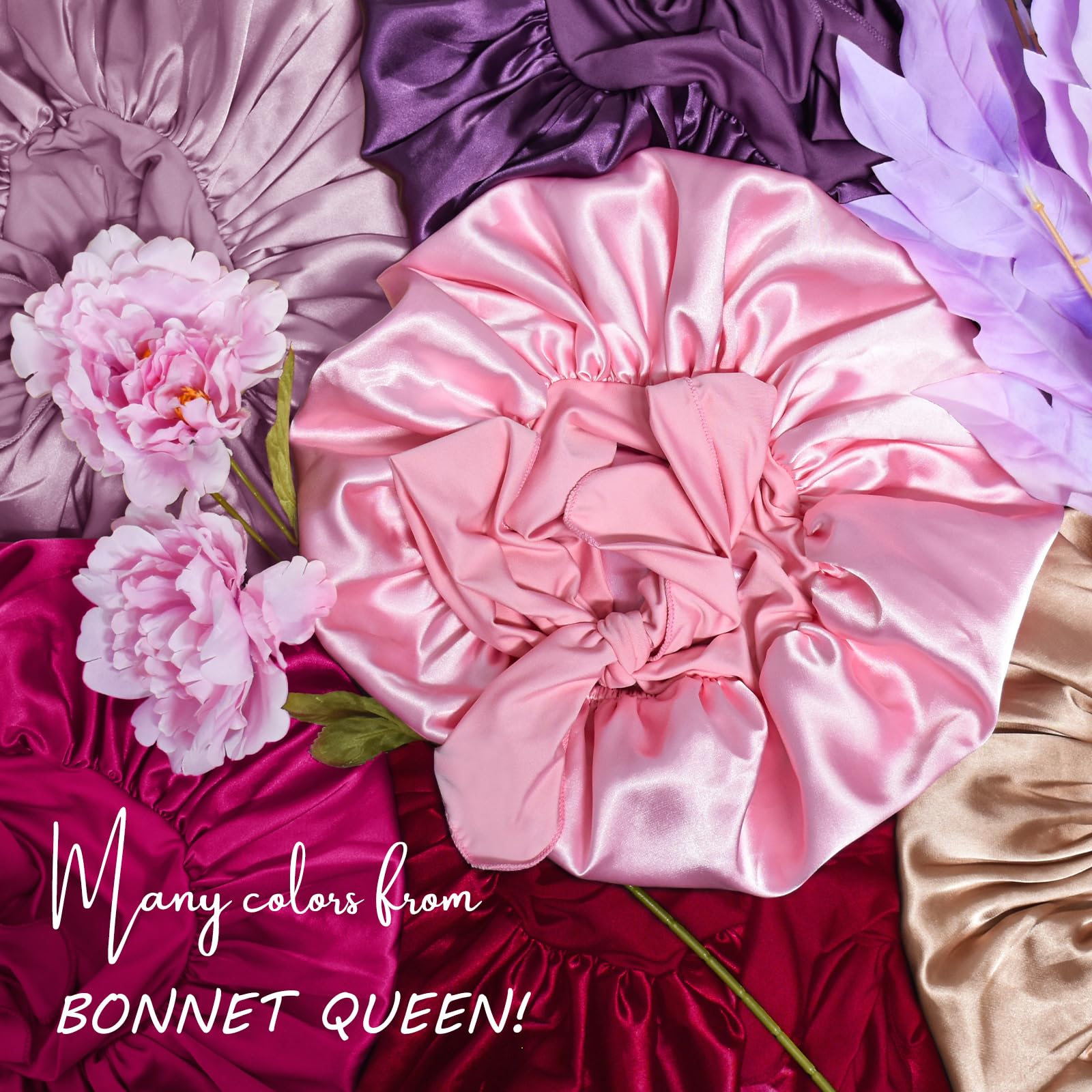 BONNET QUEEN satin bonnet long tie band secures during sleep.