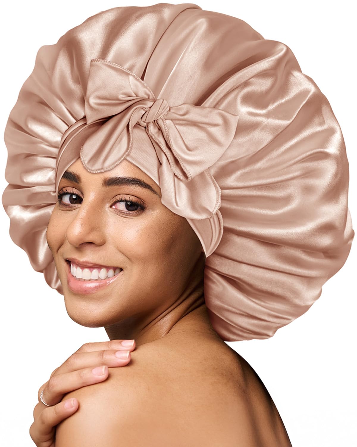 BONNET QUEEN satin bonnet on head showcases snug fit for overnight hair protection.
