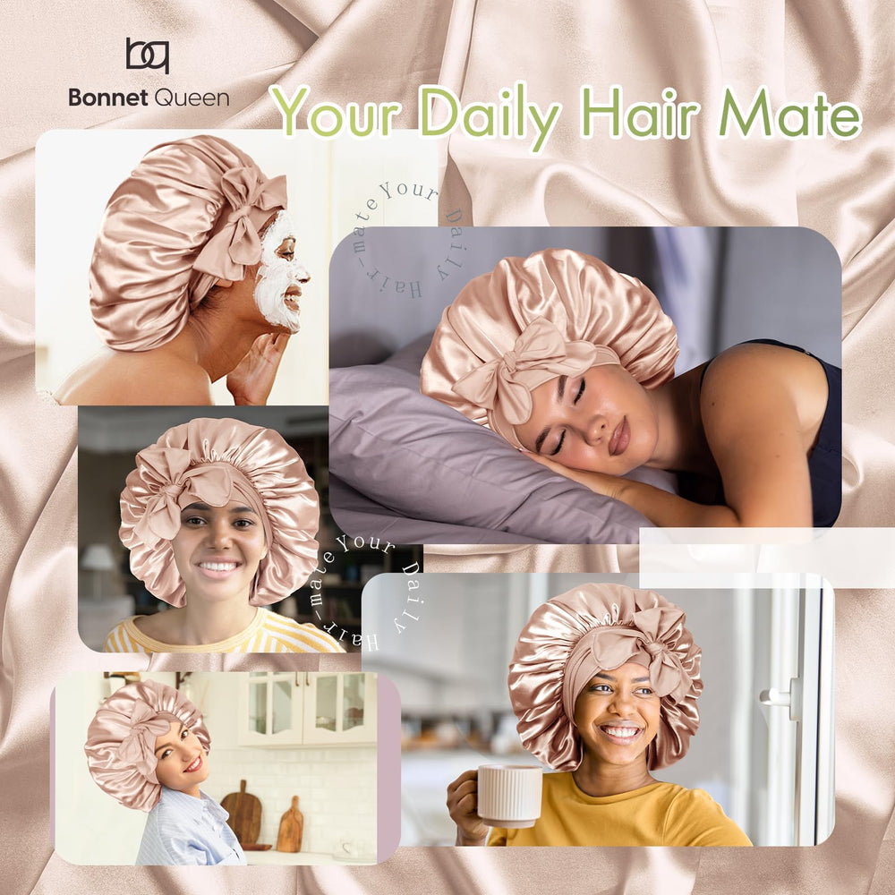BONNET QUEEN satin bonnet stretch-band closeup highlights secure, non-slip wrap for all-night wear.